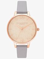 Olivia Burton Glitter Dial Pale Rose Gold and Grey Lilac Leather Strap Watch OB16GD45