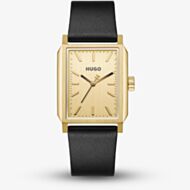 HUGO Mens #Steeze Rectangle Gold Dial Leather Strap Watch 1530481