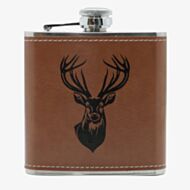 Stainless Steel & Brown Leatherette Deer 6oz Hip Flask HF-07