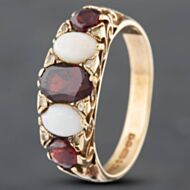 Pre-Owned Vintage 9ct Yellow Gold Garnet & Opal & Cubic Zirconia Boat Shape Five Stone Ring 41101880