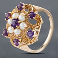 Pre-Owned 9ct Yellow Gold Amethyst & Seed Pearl Openwork Cluster Ring 41102598