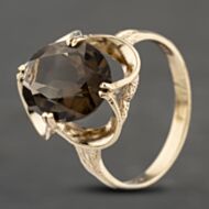 Pre-Owned 9ct Yellow Gold Smokey Quartz Oval Scollop Design Dress Ring 41103294