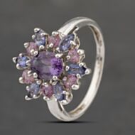 Pre-Owned 9ct White Gold Amethyst & Lolite,Pink Tourmaline Large Cluster Ring 41103453