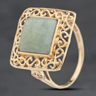 Pre-Owned 9ct Yellow Gold Jade Square Ornate Dress Ring 41104025