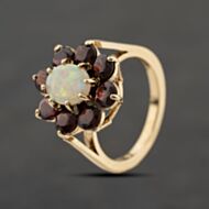 Pre-Owned 9ct Yellow Gold Opal & Garnet Flower Cluster Ring 41104362