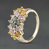 Pre-Owned 9ct Yellow Gold Green, Pink & Yellow Multi Stone Three Row Cluster Ring 41104571