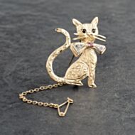 Pre-Owned 9ct Yellow Gold Ruby & Diamond Cat Brooch 41131127