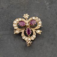 Pre-Owned 9ct Yellow Gold Ruby & Seed Pearl Clover Shape Brooch 41131140