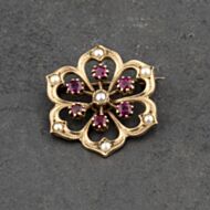 Pre-Owned 9ct Yellow Gold Ruby & Seed Pearl Flower Brooch 41131143