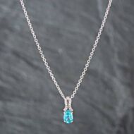 Pre-Owned 9ct White Gold Oval Cut Blue Apatite & Single Cut Diamond Pendant & 18 Inch Trace Chain 41141769