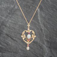 Pre-Owned Vintage Yellow Gold Seed Pearl Ruby And Opal Ornate Fleur Di Lis Pendant & 16 Inch Trace Chain 41142225