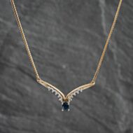 Pre-Owned 9ct Yellow Gold Blue Topaz & Diamond V Shaped Pendant & 17 Inch Herringbone Chain 41142414