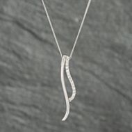 Pre-Owned 9ct White Gold Diamond Two Strand Wave Drop Pendant & 16 Inch Curb Chain 41142450