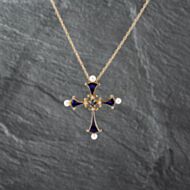 Pre-Owned 14ct Yellow Gold Sapphire & Diamond, Cultured Pearl And Blue Enamel Cross Pendant & 18 Inch Curb Chain 41142452