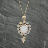 Pre-Owned 9ct Yellow Gold Opal & Diamond Oval Bubble Halo Teardrop Pendant & 18 Inch Curb Chain 41142468