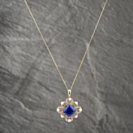 Pre-Owned 9ct Yellow Gold Lapis Lazuli & 0.12ct Diamond & Cultured Pearl Decorative Victorian Style Pendant & 18 Inch Curb Chain 41142472