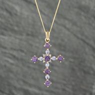 Pre-Owned 9ct Yellow Gold Amethyst & Diamond Cross Pendant & 18 Inch Curb Chain 41142479
