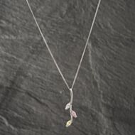 Pre-Owned 9ct White Gold White, Pink And Green Cubic Zirconia Branch And Leaf Pendant & 18 Inch Curb Chain 41142528