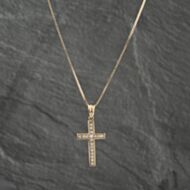 Pre-Owned 9ct Yellow Gold Cubic Zirconia Channel Set Cross Pendant & 16 Inch Box Chain 41142554
