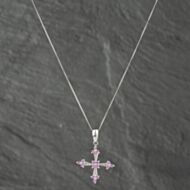 Pre-Owned 9ct White Gold Pink Sapphire & White Sapphire Cross Pendant & 18 Inch Curb Chain 41142556