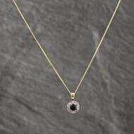 Pre-Owned 9ct Yellow Gold Sapphire & Diamond Round Pendant & 18 Inch Curb Chain 41142582