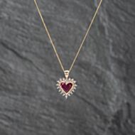 Pre-Owned 9ct Two Colour Gold Synthetic Ruby & 0.01ct Diamond Heart Pendant & 18 Inch Curb Chain 41142621