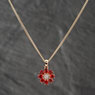 Pre-Owned 9ct Yellow Gold Red Topaz & Diamond Flower Cluster Gemstone Pendant & 16 Inch Curb Chain 41142638