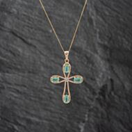 Pre-Owned 9ct Yellow Gold Emerald & White Topaz Cross Pendant & 18 Inch Curb Chain 41142667