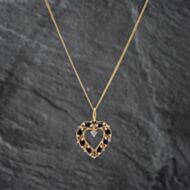 Pre-Owned 9ct Yellow Gold Sapphire & Diamond Open Heart Pendant & 18 Inch Curb Chain 41142679