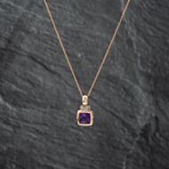 Pre-Owned 9ct Yellow Gold Amethyst & Diamond Cushion Pendant & 19 Inch Prince Of Wales Chain 41142681