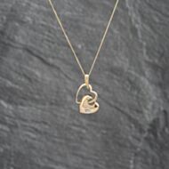 Pre-Owned 9ct Yellow Gold Diamond Double Heart Pendant & 18 Inch Curb Chain 41142710