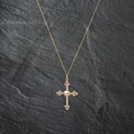 Pre-Owned 9ct Two Colour Gold Bubble Edged Cross Pendant & 18 Inch Curb Chain 41142780
