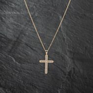 Pre-Owned 9ct Yellow Gold Diamond Channel Set Cross Pendant & 18 Inch Curb Chain 41142787