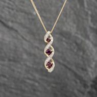 Pre-Owned 9ct Yellow Gold Ruby & Diamond Swirl Pendant & 18 Inch Curb Chain 41142851