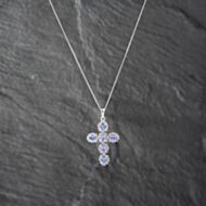 Pre-Owned 9ct White Gold Tanzanite & 0.20ct Brilliant Cut Diamond Cross Pendant & 18 Inch Curb Chain 41142867