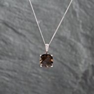 Pre-Owned 9ct White Gold Smoky Quartz & Diamond Cushion Shaped Pendant & 18 Inch Curb Chain 41142891