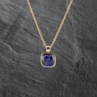 Pre-Owned 9ct Yellow Gold Lapis Based Rutilated Quartz Cushion Shaped Cabochon Pendant & 19 Inch Belcher Chain 41142926