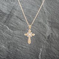 Pre-Owned 9ct Yellow Gold Cubic Zirconia Ornate Patterned Cross Pendant & 18 Inch Prince Of Wales Chain 41142935