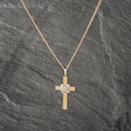 Pre-Owned 9ct Two Colour Gold Diamond Plain Cross Pendant & 17 Inch Curb Chain 41142959