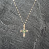 Pre-Owned 9ct Yellow Gold Emerald Fancy Cross Pendant & 18 Inch Curb Chain 41143062