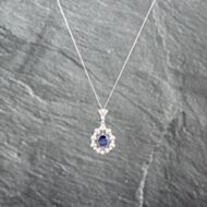 Pre-Owned 18ct White Gold Sapphire & Brilliant Cut Diamond Ornate Gemstone Pendant & 18 Inch Curb Chain 41143079