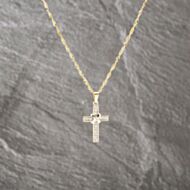 Pre-Owned 9ct Two Colour Gold Cubic Zirconia Cross Pendant & 18 Inch Curb Chain 41143106
