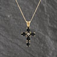 Pre-Owned Yellow Gold Sapphire & 0.05ct Diamond Set Cross Pendant & 18 Inch Curb Chain 41143119