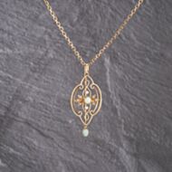 Pre-Owned Vintage Yellow Gold Opal & Seed Pearl Intricate Openwork Pendant & 14.5 Inch Belcher Chain 41143156