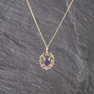 Pre-Owned 9ct Yellow Gold Amethyst Oval Filigree Pendant & 17 Inch Curb Chain 41143161