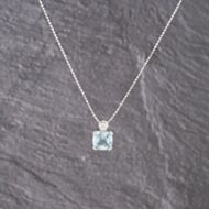Pre-Owned 18ct White Gold Aquamarine & 0.10ct Diamond Cushion Shape Pendant & 16 Inch Ball Chain 41143167