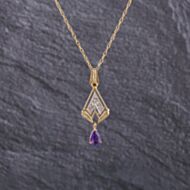 Pre-Owned 9ct Yellow Gold Amethyst & 0.03ct Diamond Fan Dropper Pendant & 18 Inch Prince Of Wales Chain 41143189
