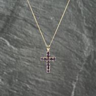 Pre-Owned 9ct Yellow Gold Amethyst Set Cross Pendant & 18 Inch Curb Chain 41143201