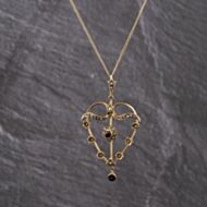 Pre-Owned Antique Yellow Gold Ruby & Seed Pearls Open Work Heart Gemstone Pendant & 18 Inch Curb Chain 41143268