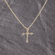 Pre-Owned 9ct Yellow Gold Diamond Set Cross Pendant & 16 Inch Hayseed Chain 41143294